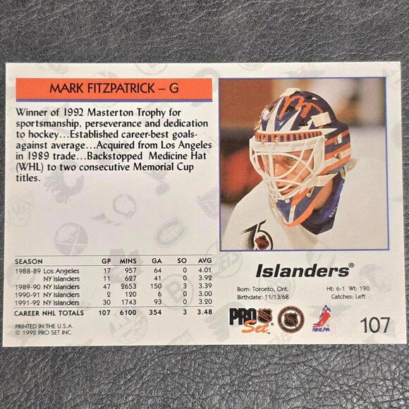 1992-93 Pro Set #107 Mark Fitzpatrick Hockey Card - Picture 2 of 2